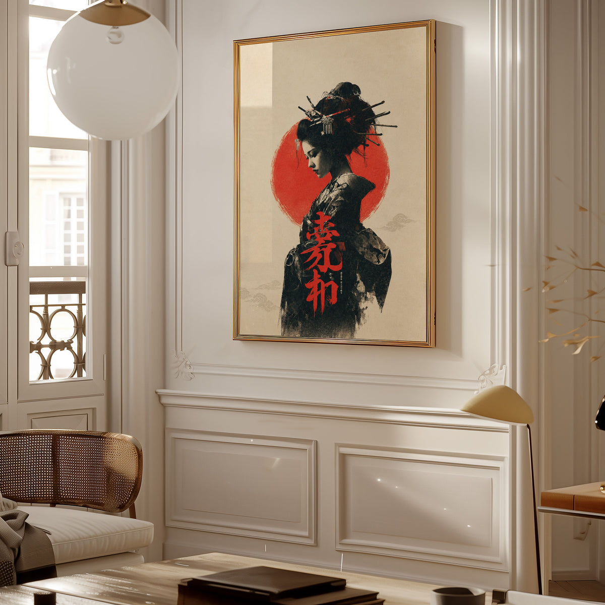 ink portrait of kimono woman with red sun print shown in a gold frame on a paneled wall in a Parisian-style living room