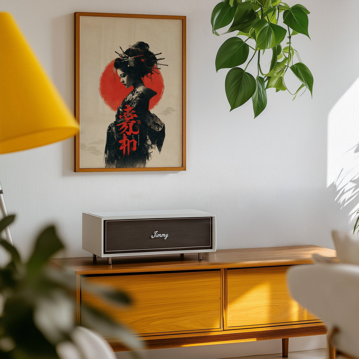 ink portrait of kimono woman with red sun print in an oak frame above a teak mid-century sideboard with trailing pothos