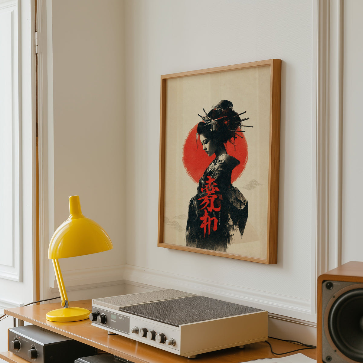 ink portrait of kimono woman with red sun print in an oak frame above a vintage hi-fi shelf with a yellow desk lamp