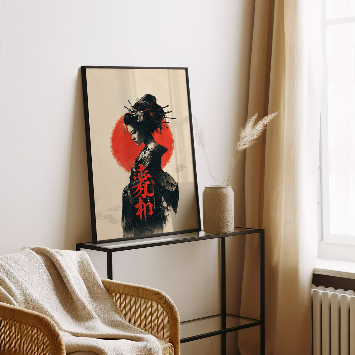 ink portrait of kimono woman with red sun print in a black frame leaning on a glass console beside pampas grass