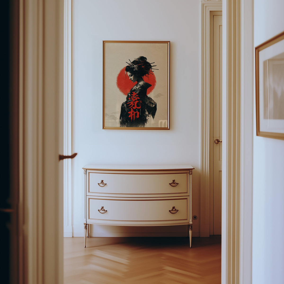 ink portrait of kimono woman with red sun print shown in a gold frame in a hallway above a cream dresser