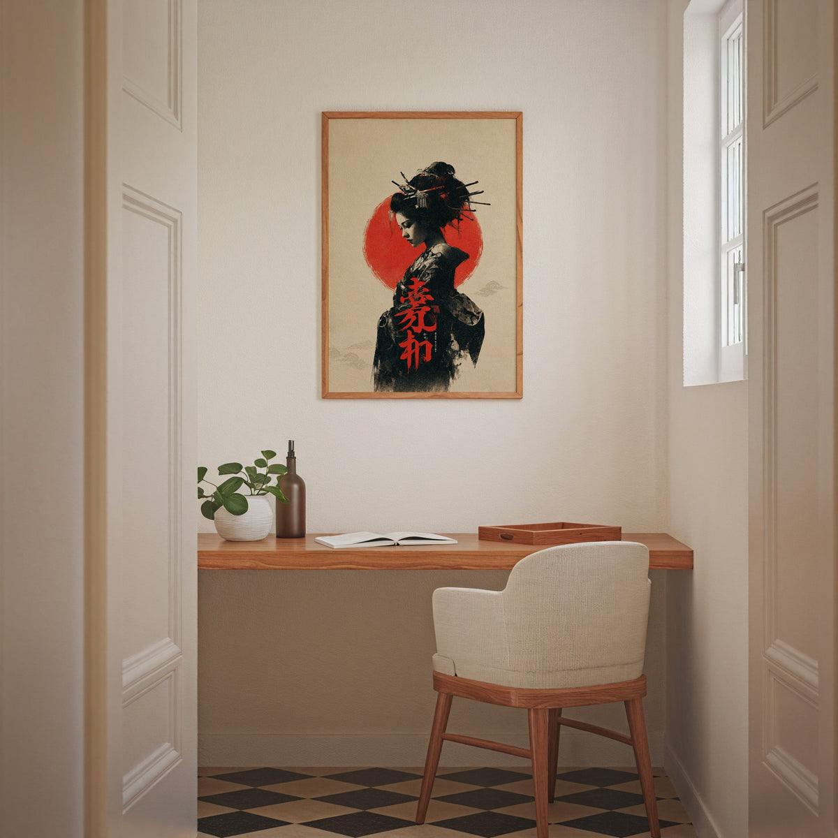 ink portrait of kimono woman with red sun print in an oak frame above a wall-mounted desk in a home office nook