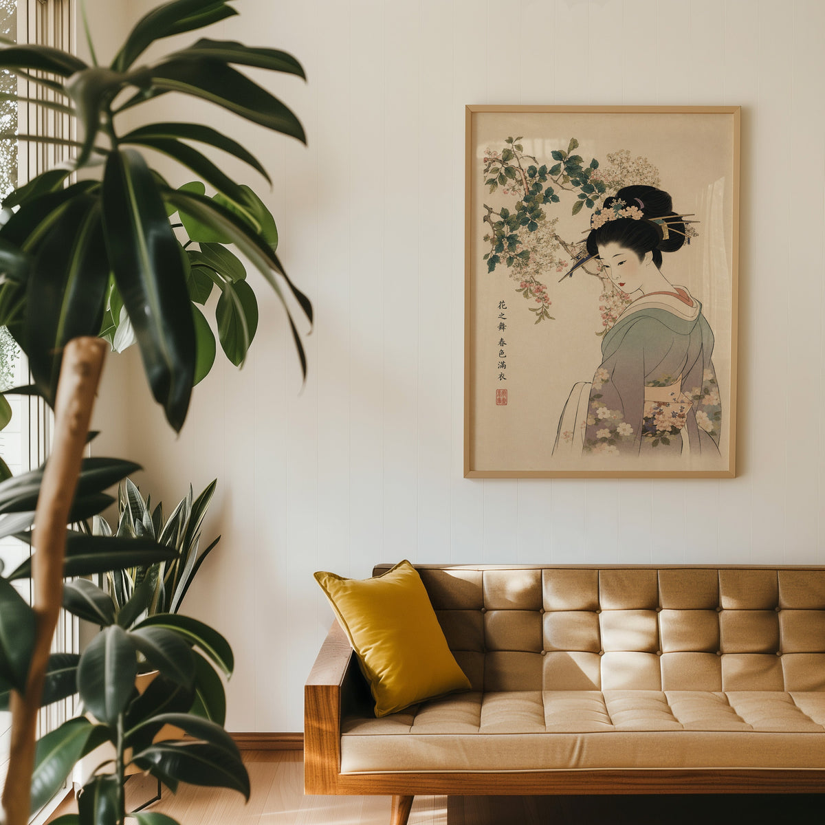 woman in lilac kimono under blossoms print in an oak frame above a tan tufted leather sofa with a mustard cushion