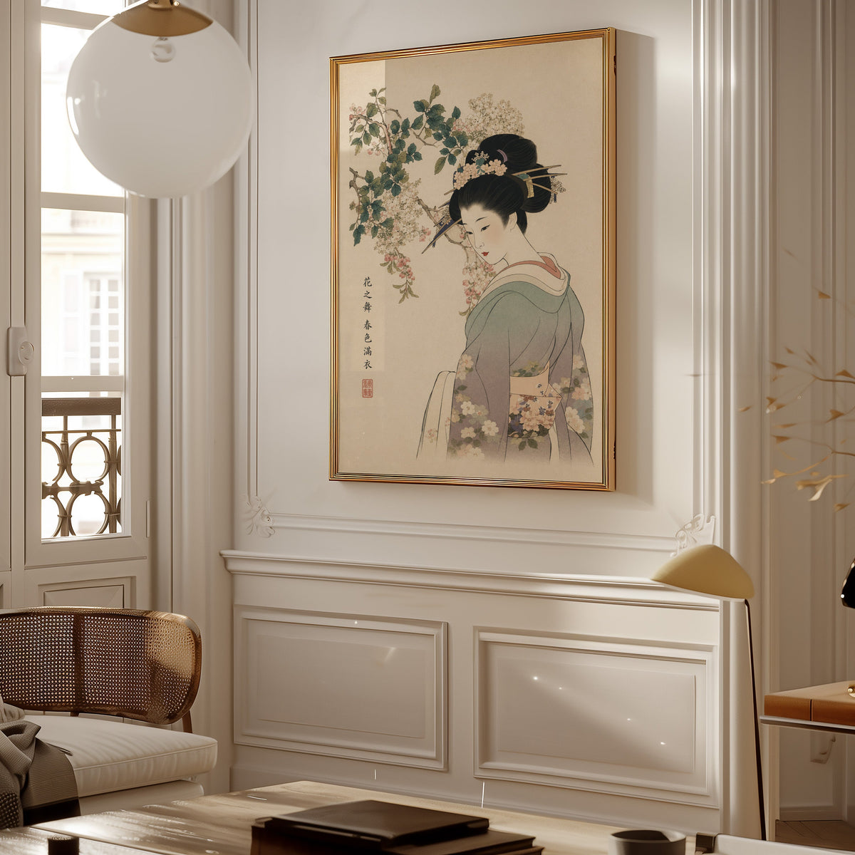 woman in lilac kimono under blossoms print shown in a gold frame on a paneled wall in a Parisian-style living room