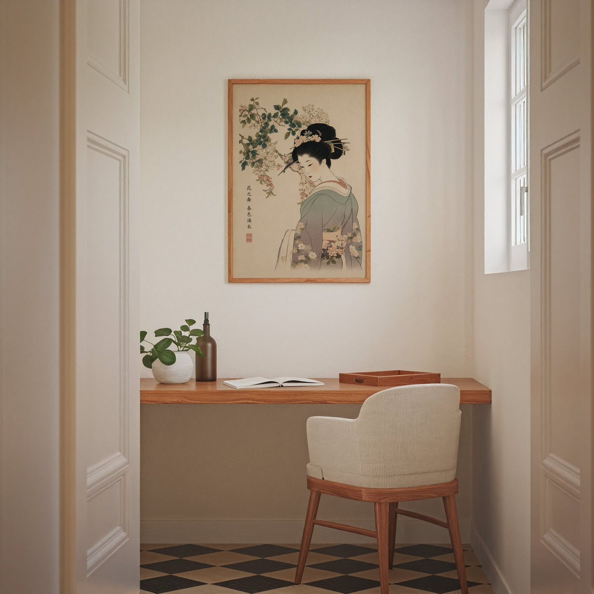 woman in lilac kimono under blossoms print in an oak frame above a wall-mounted desk in a home office nook