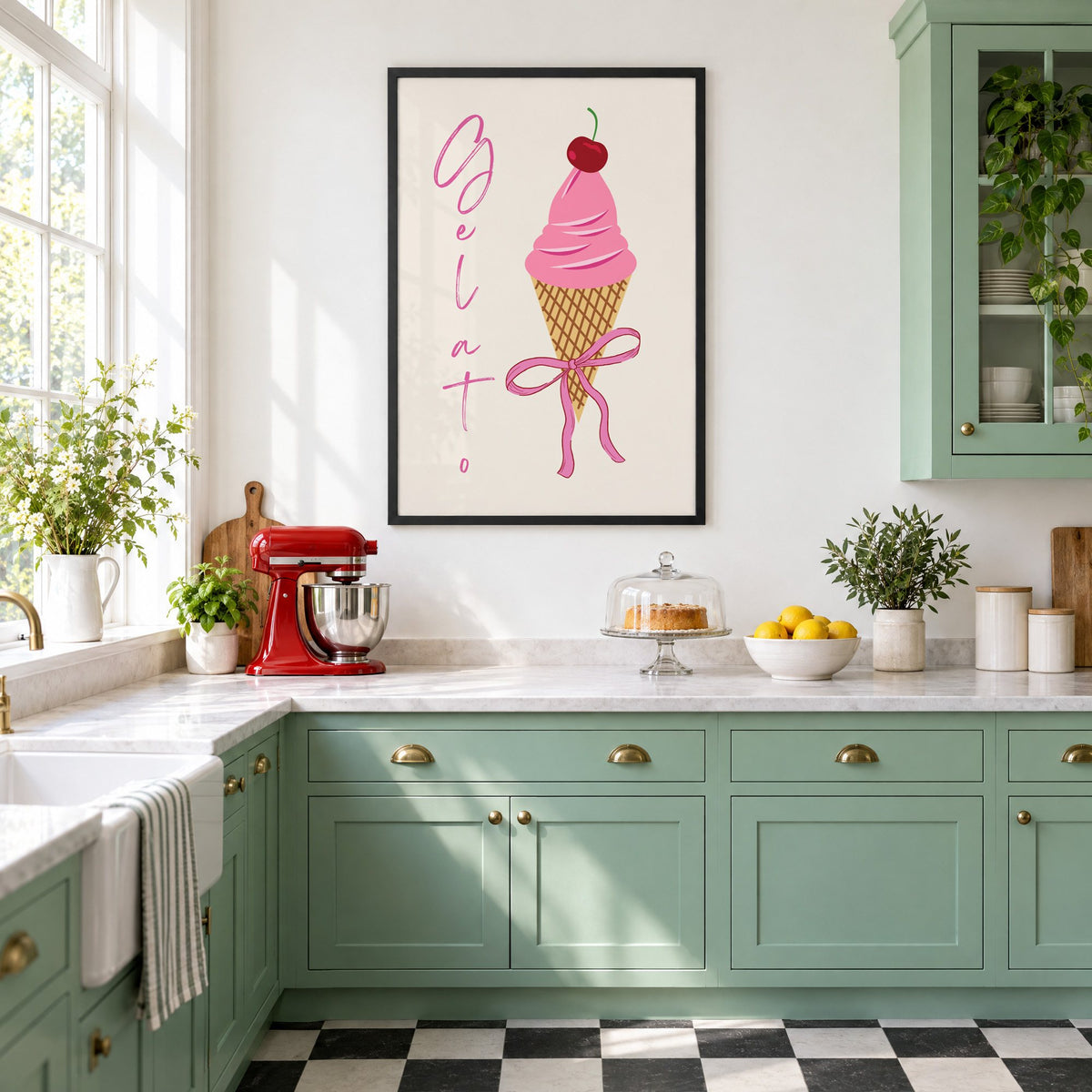 Gelato pink cone with bow print in a black frame in a mint green retro kitchen above a red stand mixer
