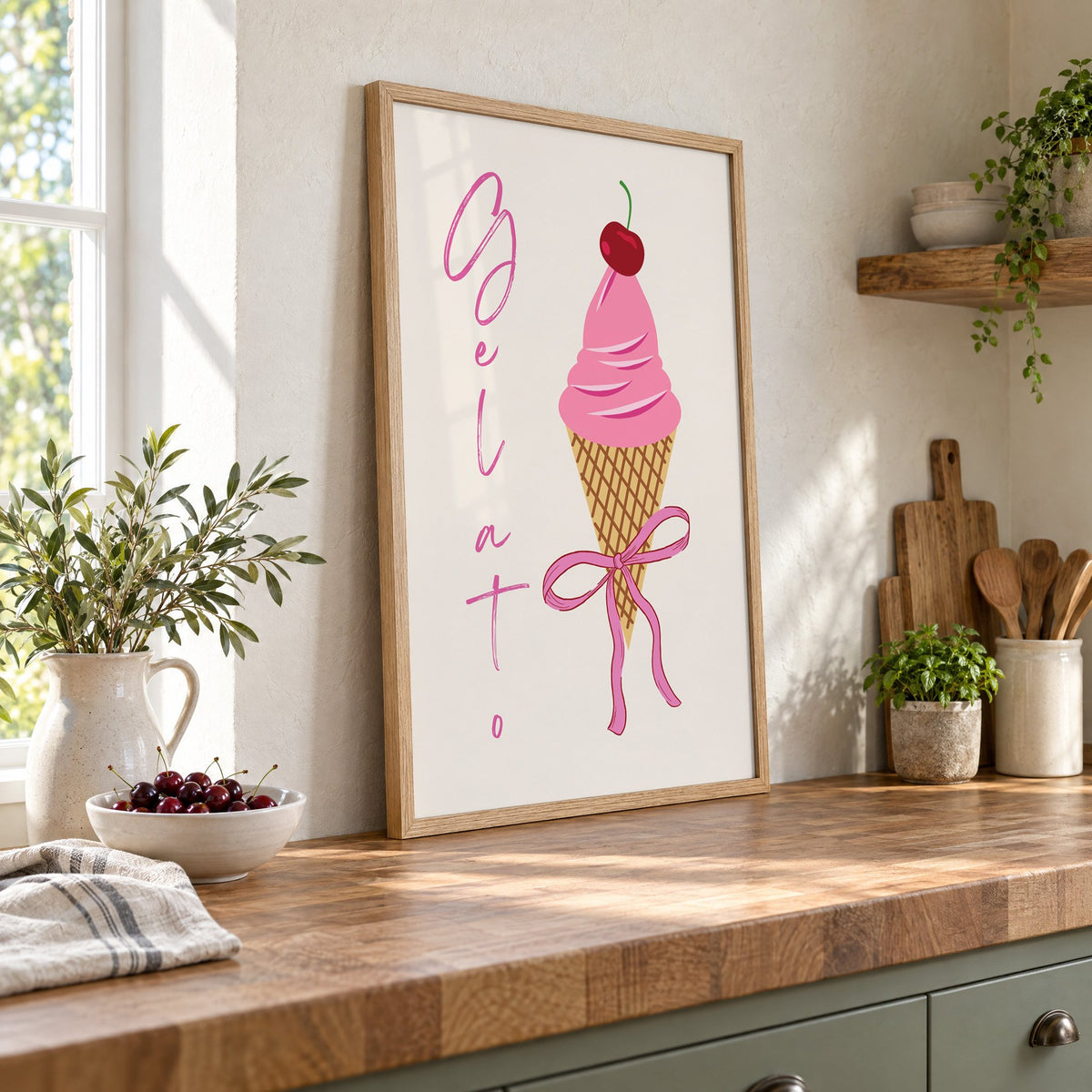Gelato pink cone with bow print in an oak frame leaning on a butcher block island beside a bowl of cherries