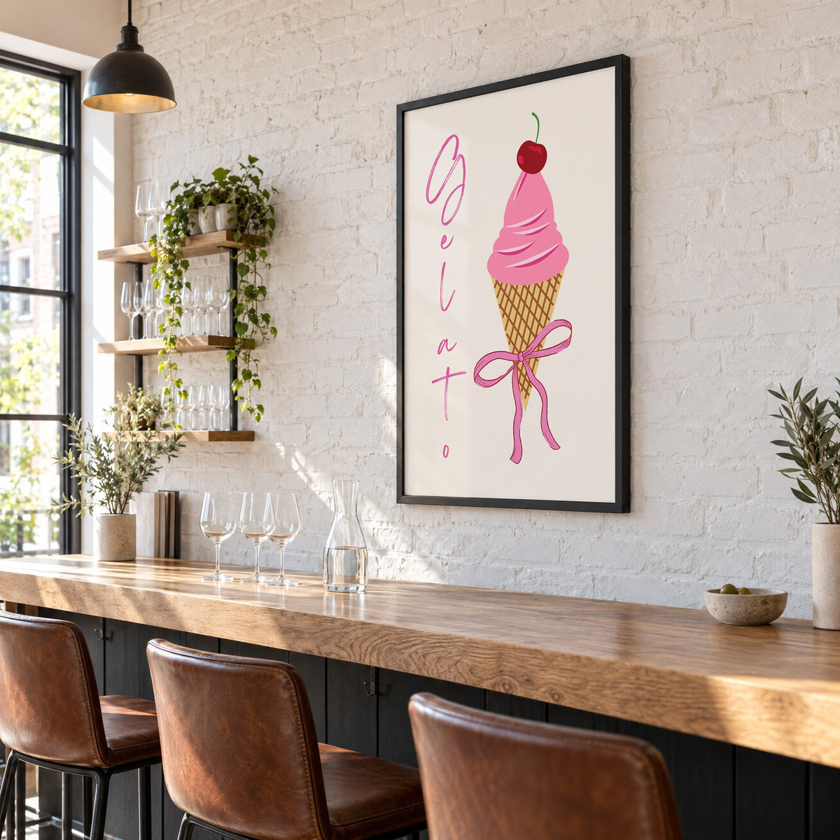 Gelato pink cone with bow print in a black frame on a white brick wall above a wine bar counter