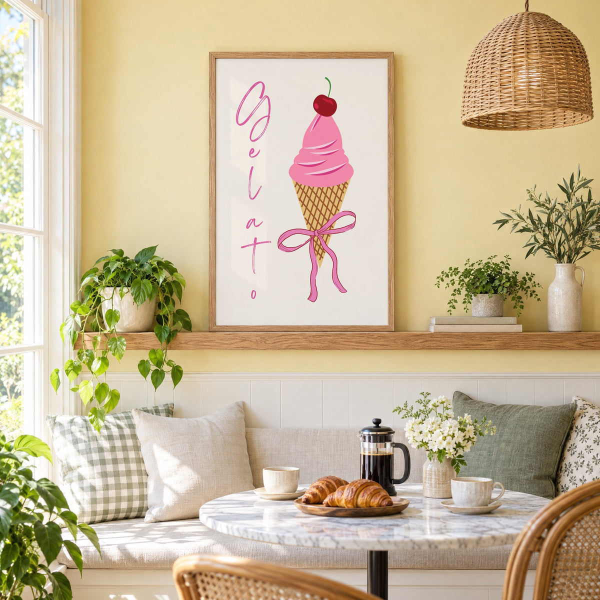 Gelato pink cone with bow print in an oak frame on a picture ledge above a sunny breakfast nook