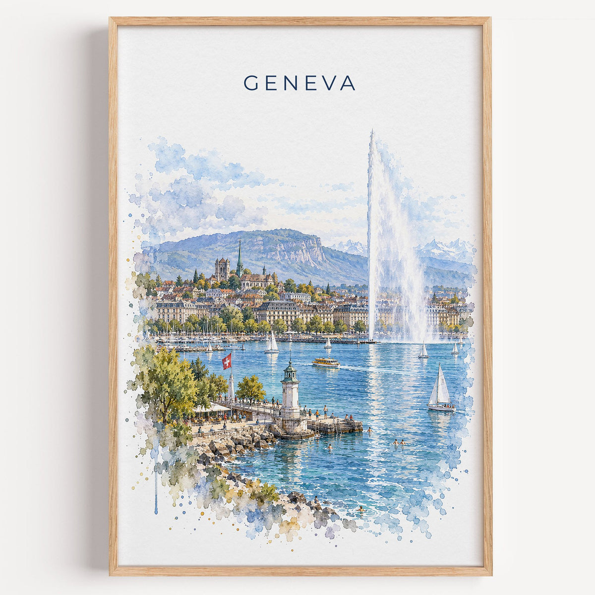 Geneva watercolor print in a light oak frame on a plain white wall