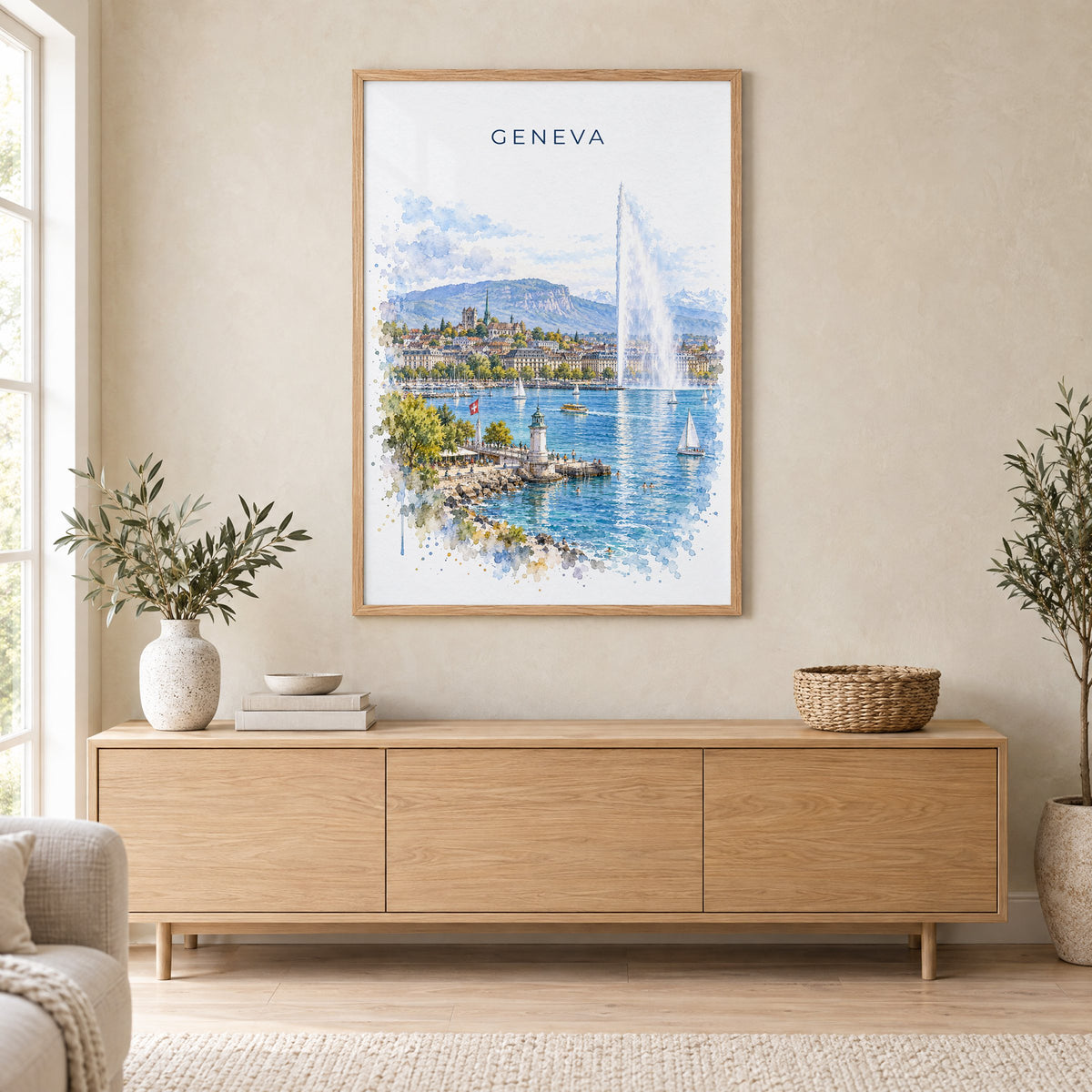 Geneva watercolor print in an oak frame above a light wood sideboard in a Scandinavian living room