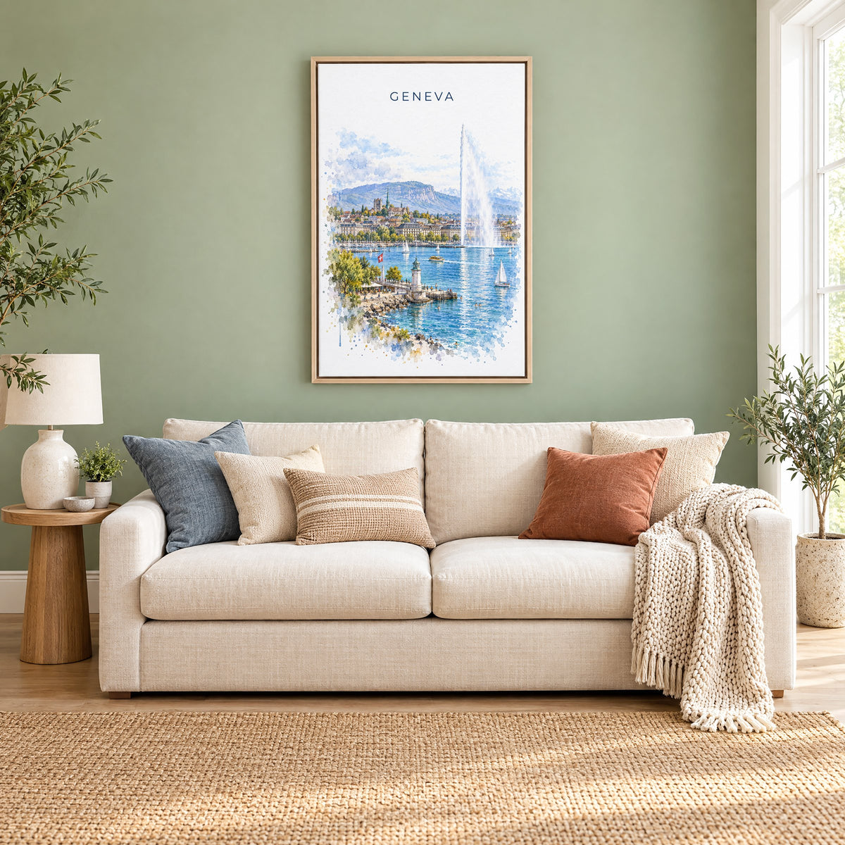 Geneva watercolor print as a natural floater canvas above a cream linen sofa on a sage green wall