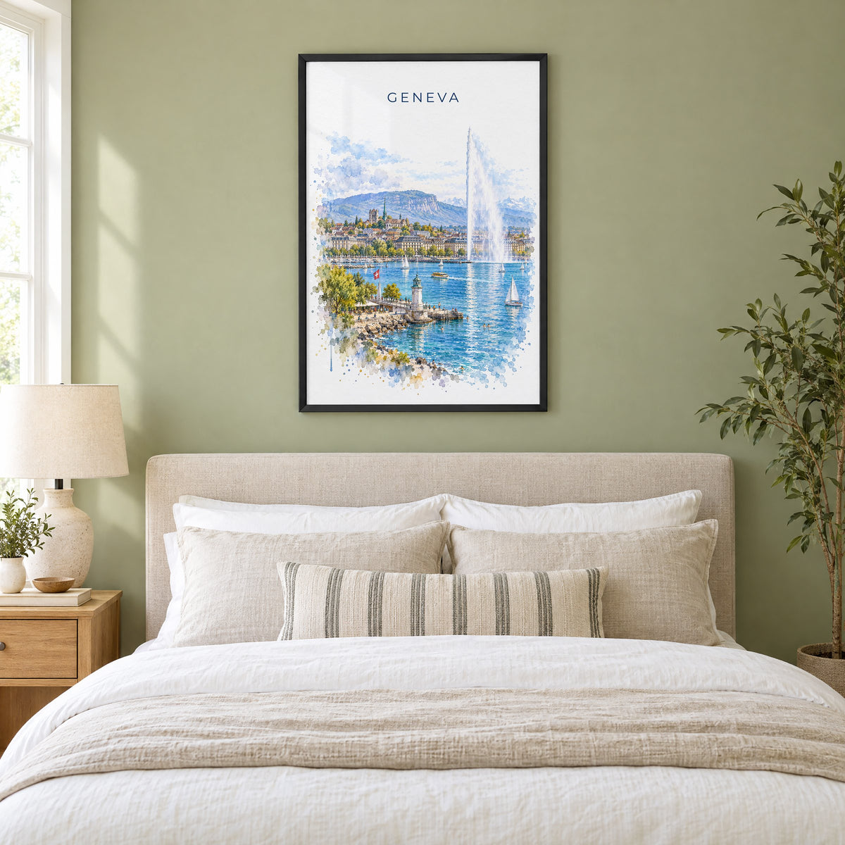 Geneva watercolor print in a black frame above an upholstered headboard in a sage green bedroom