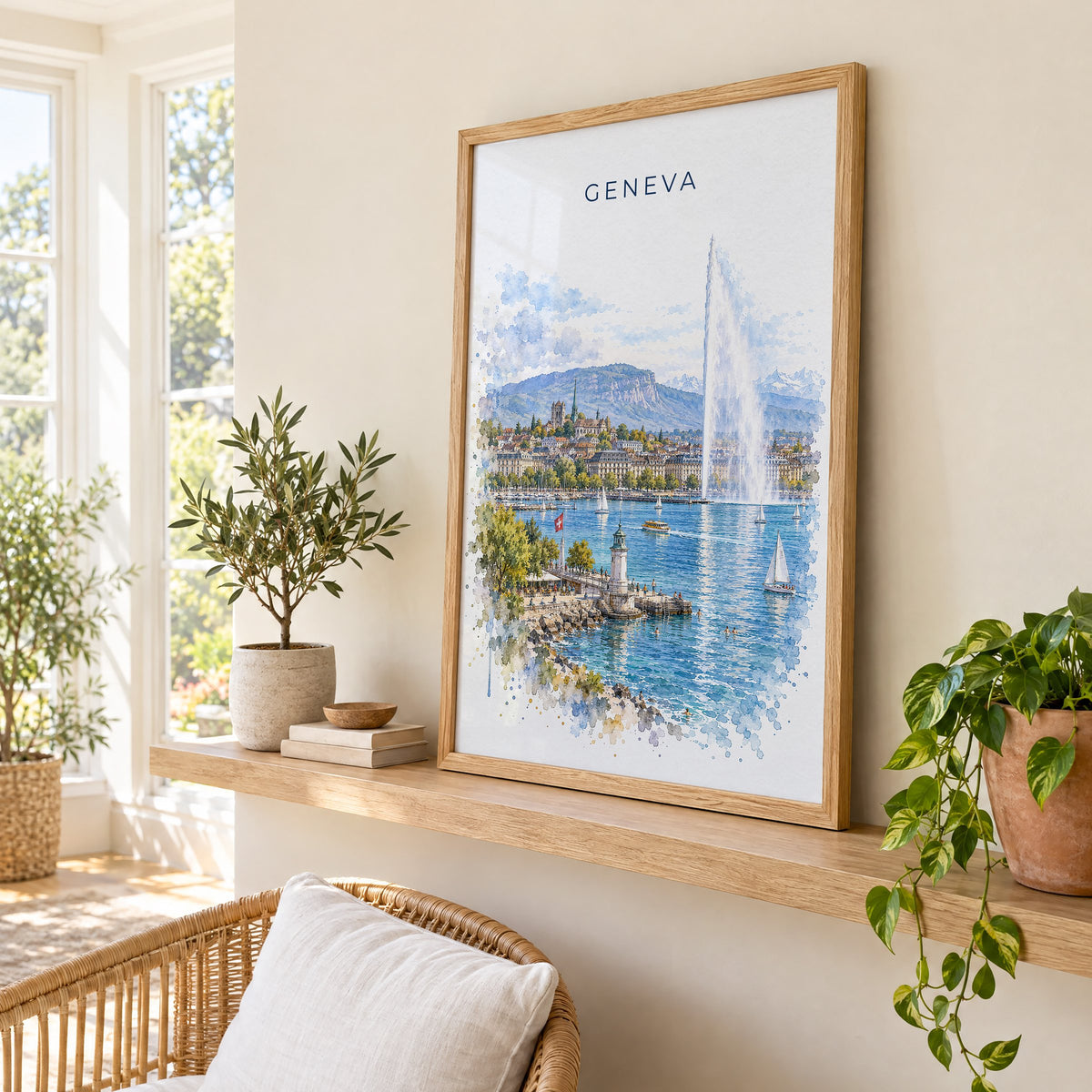 Geneva watercolor print in an oak frame on a picture ledge in a sunlit sunroom