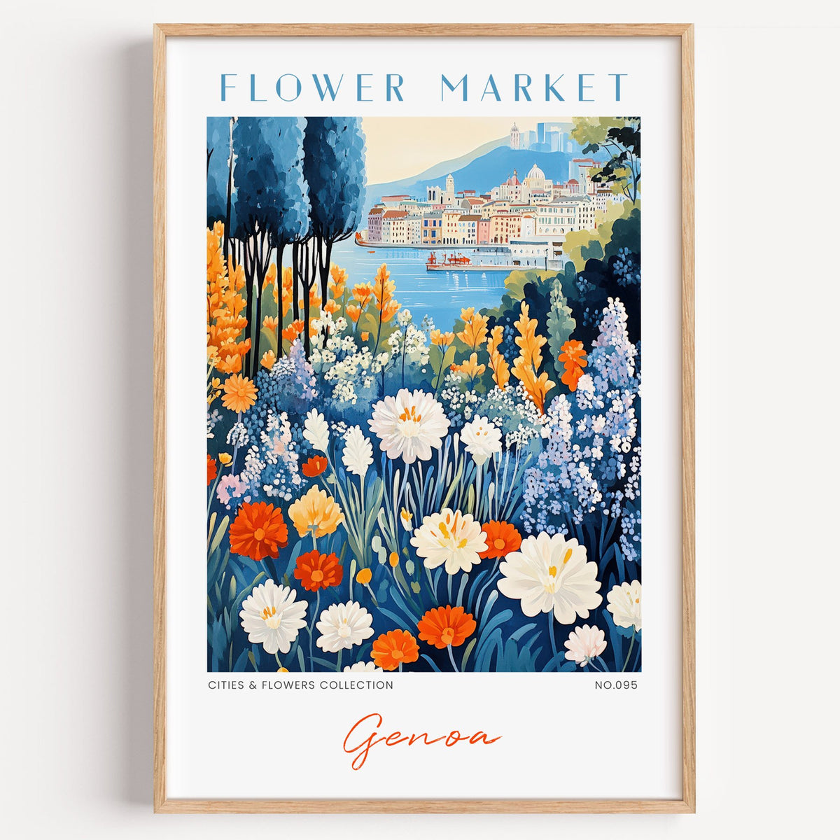 Genoa flower market print in a light oak frame on a plain white wall