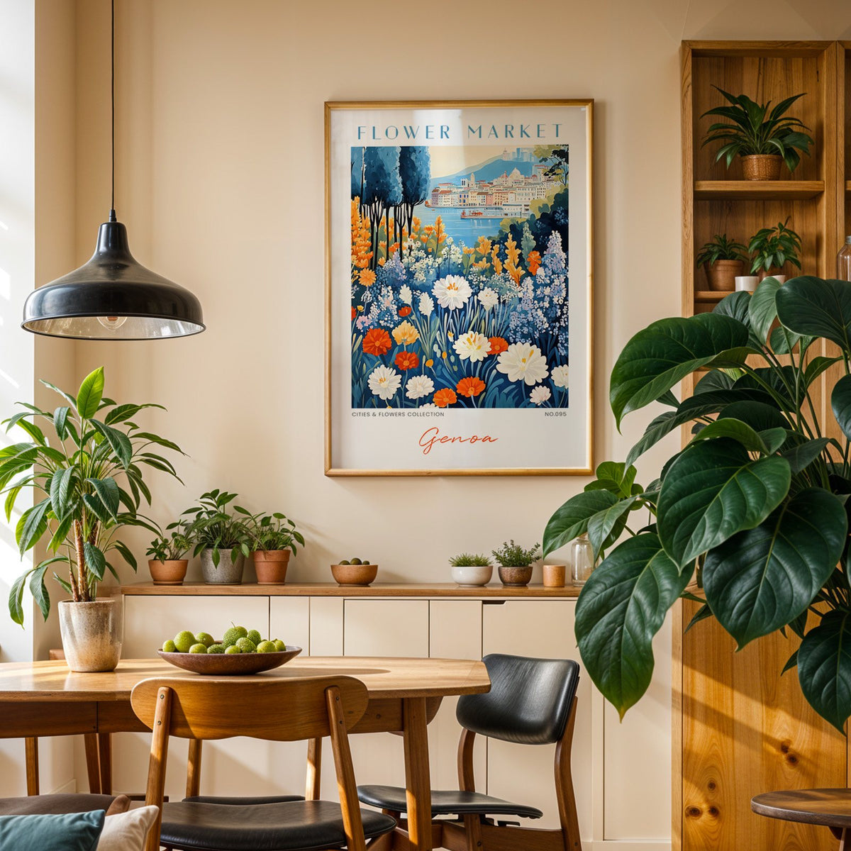 Genoa flower market print in an oak frame above a dining sideboard lined with potted plants
