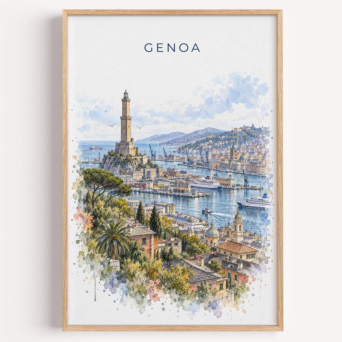 Genoa watercolor print in a light oak frame on a plain white wall