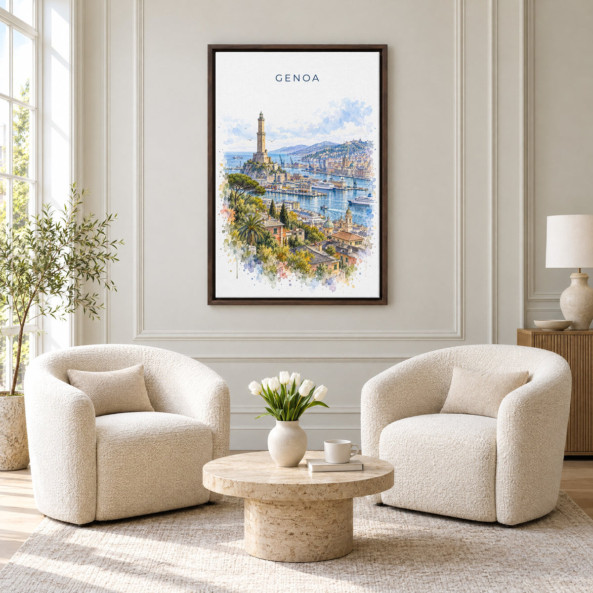 Genoa watercolor print as an espresso floater canvas above two boucle armchairs in a hotel lounge