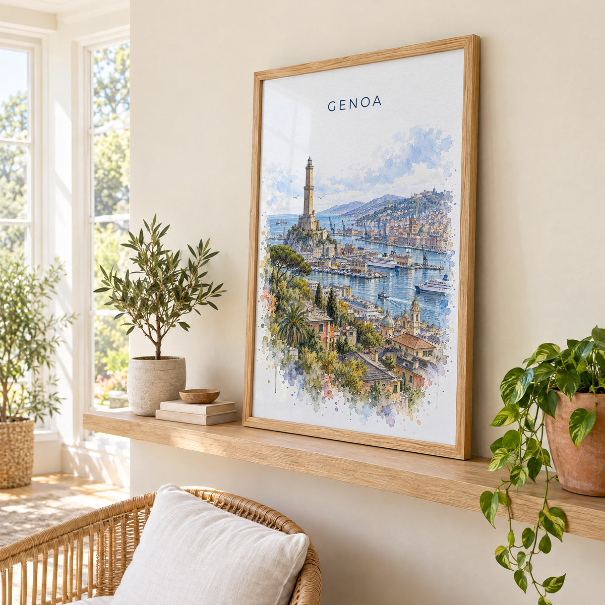 Genoa watercolor print in an oak frame on a picture ledge in a sunlit sunroom