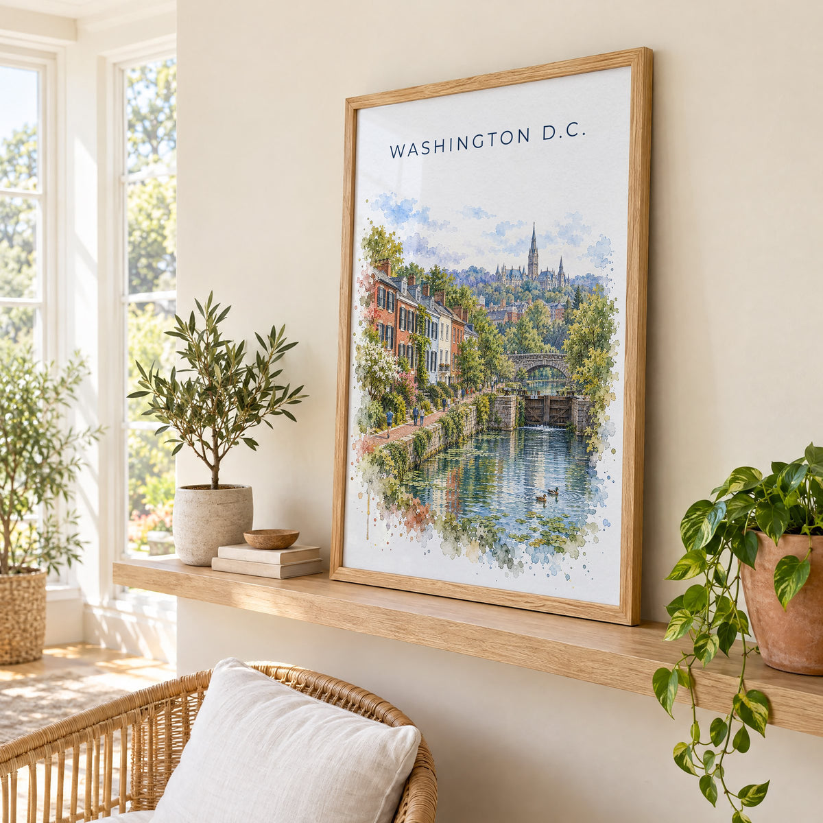 Georgetown DC watercolor print in an oak frame on a picture ledge in a sunlit sunroom