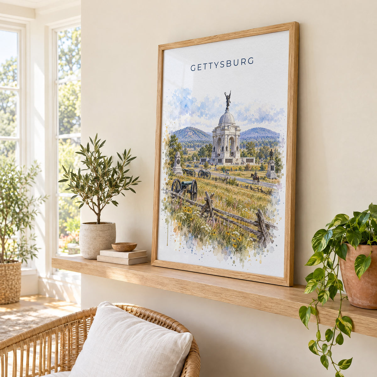 Gettysburg watercolor print in an oak frame on a picture ledge in a sunlit sunroom