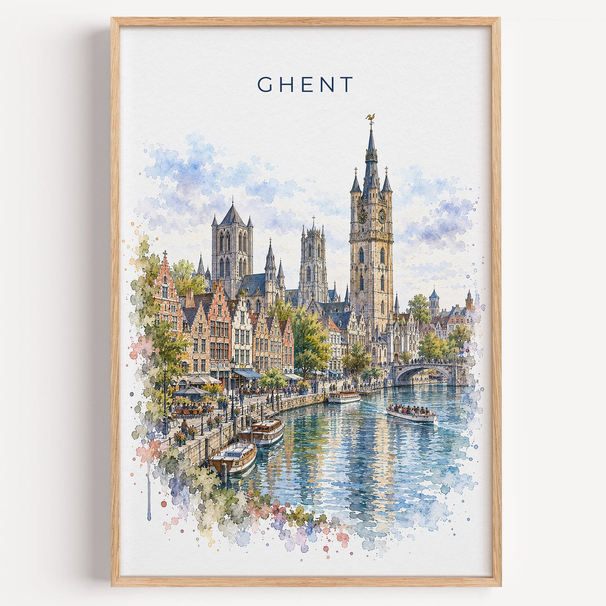 Ghent watercolor print in a light oak frame on a plain white wall