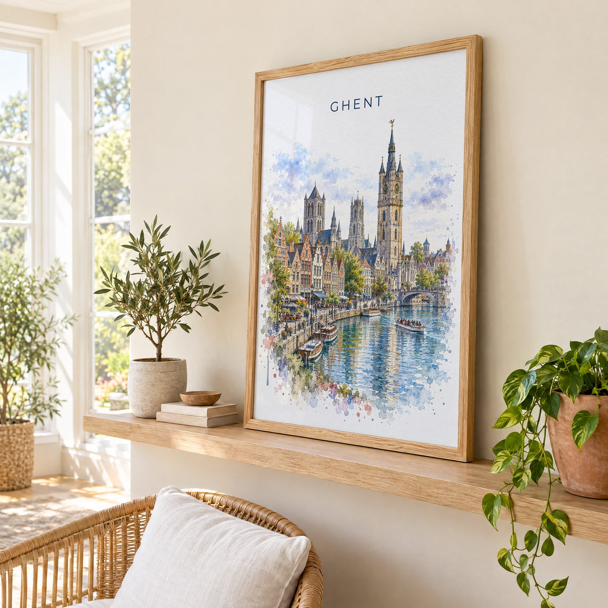 Ghent watercolor print in an oak frame on a picture ledge in a sunlit sunroom