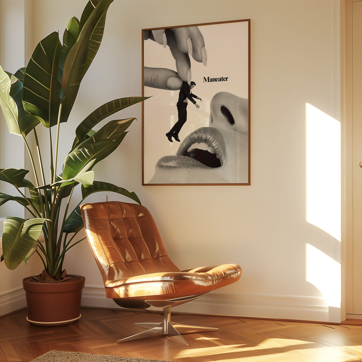 Giant hand lifting tiny suited man collage print in a walnut frame above a leather lounge chair