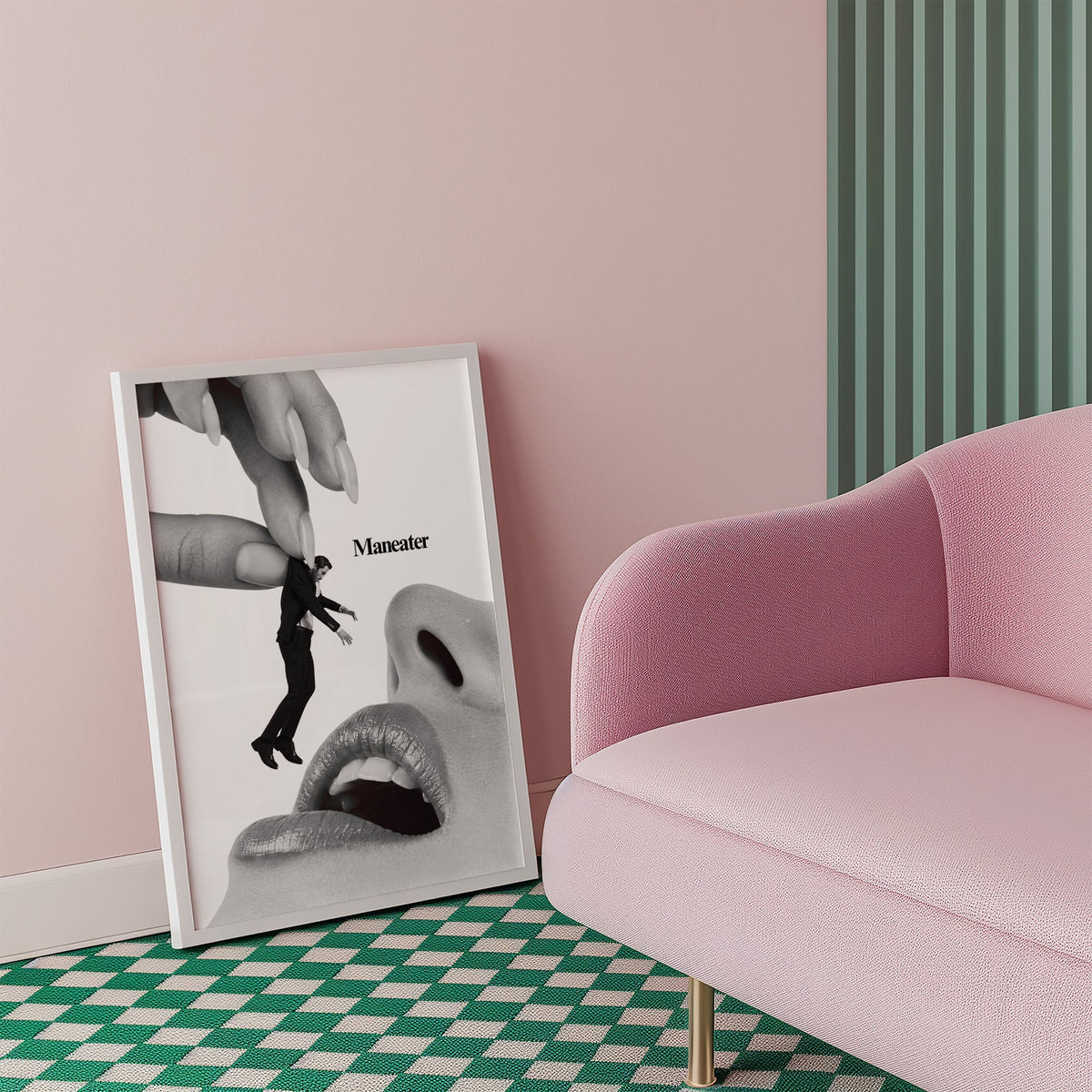 Giant hand lifting tiny suited man collage print in a white frame beside a pink armchair on a checkered floor