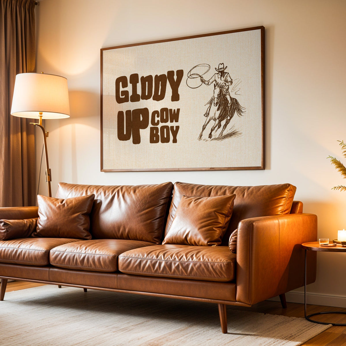 Giddy up cowboy lasso print in a walnut frame above a lamplit leather sofa