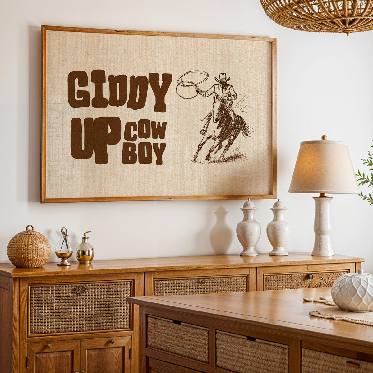 Giddy up cowboy lasso print in an oak frame above a cane sideboard with a lamp