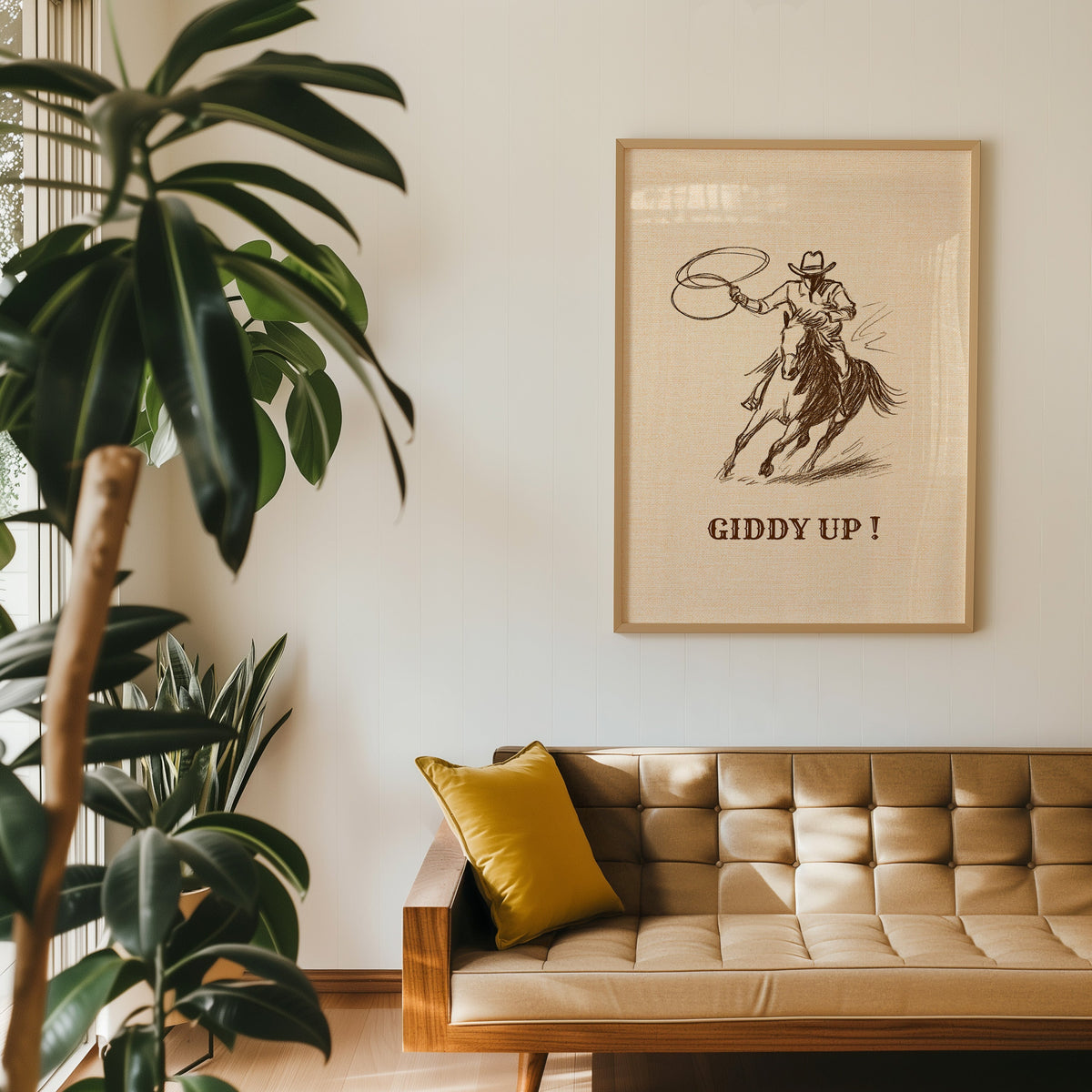 Giddy Up western quote print in an oak frame above a tan leather sofa