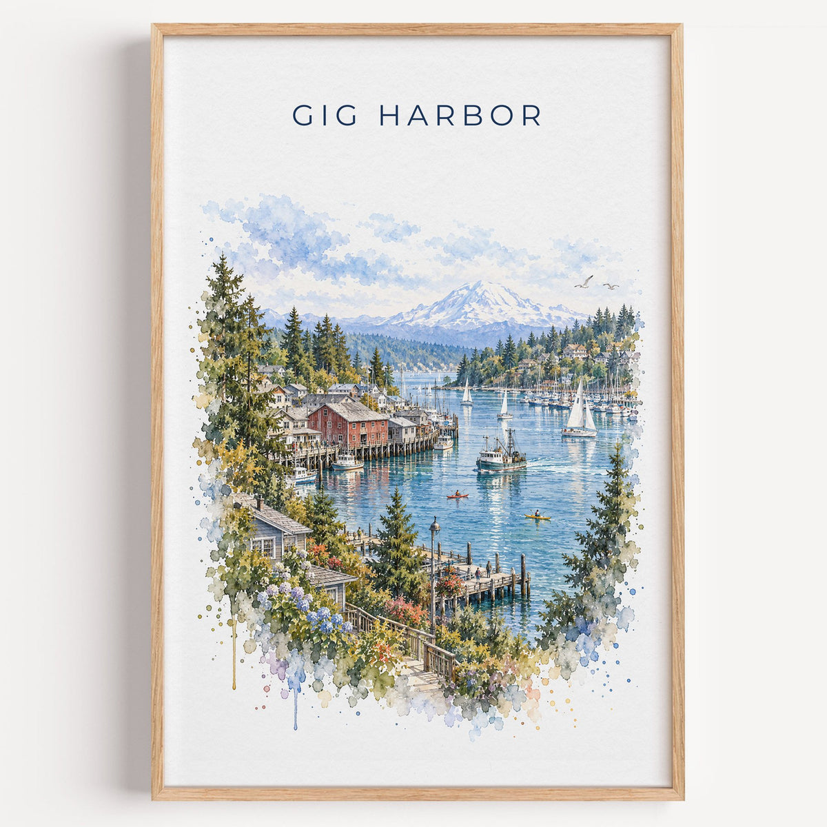 Gig Harbor, Washington watercolor print in a light oak frame on a plain white wall