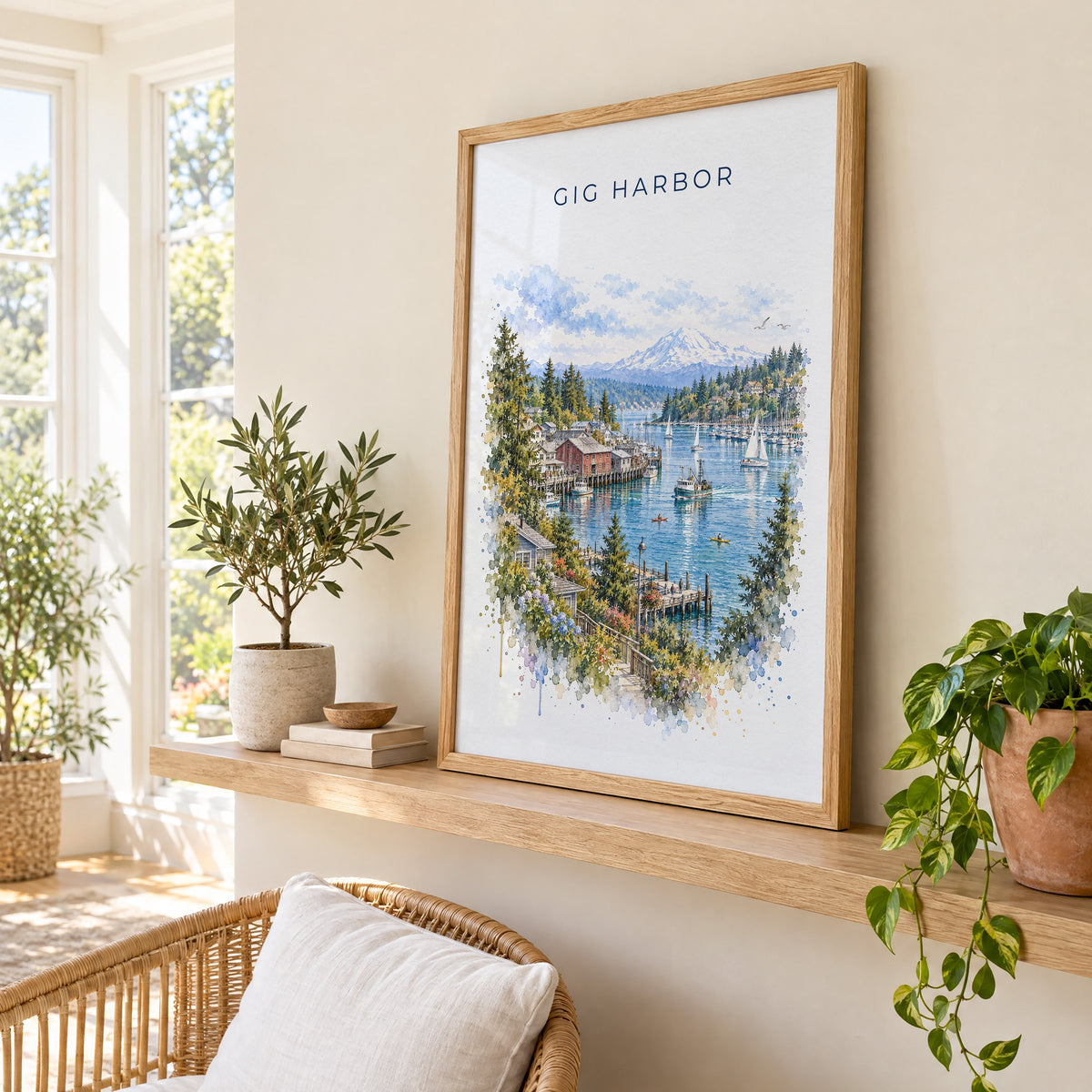 Gig Harbor, Washington watercolor print in an oak frame on a picture ledge in a sunlit sunroom