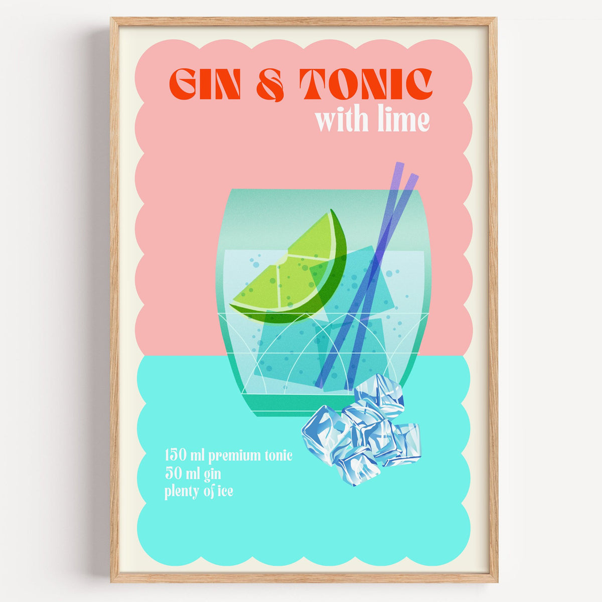 Gin & Tonic with lime aqua print in a light oak frame on a plain white wall