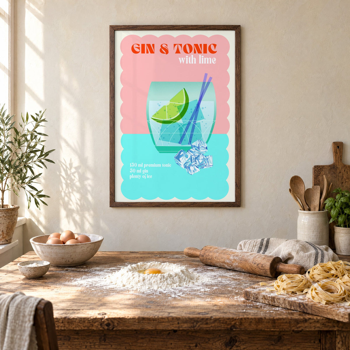 Gin & Tonic with lime aqua print in a walnut frame above a rustic table set for making fresh pasta