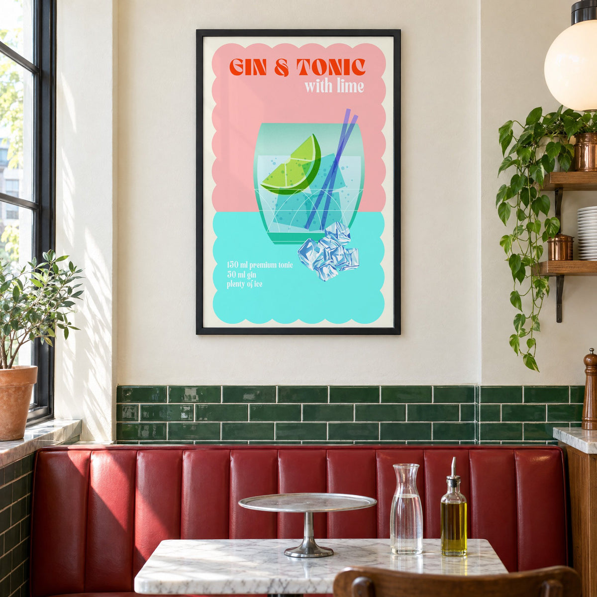 Gin & Tonic with lime aqua print in a black frame above a red leather booth in a sunny pizzeria