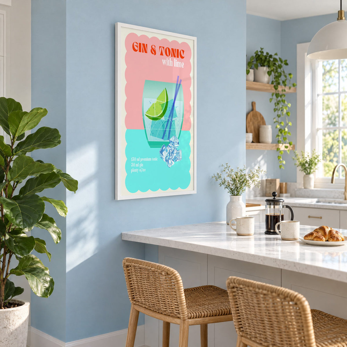 Gin & Tonic with lime aqua print in a white frame on a pale blue wall above a breakfast bar with rattan stools