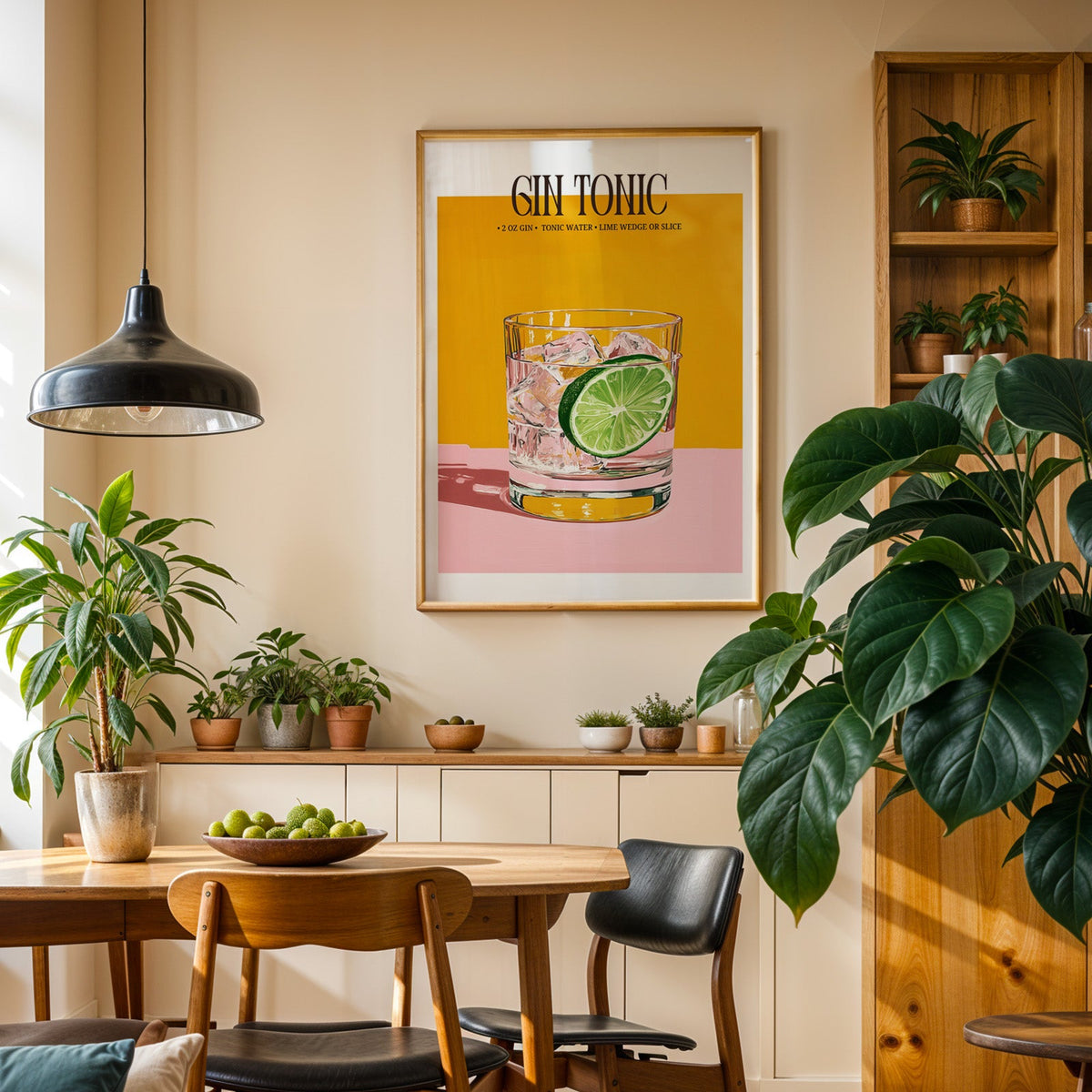 Gin and tonic recipe print in an oak frame in a dining room above a plant-lined sideboard