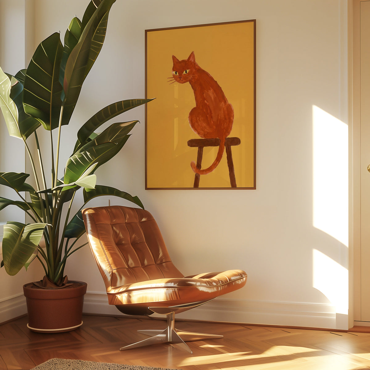 Orange cat watercolor print in a slim walnut frame above a tan leather lounge chair