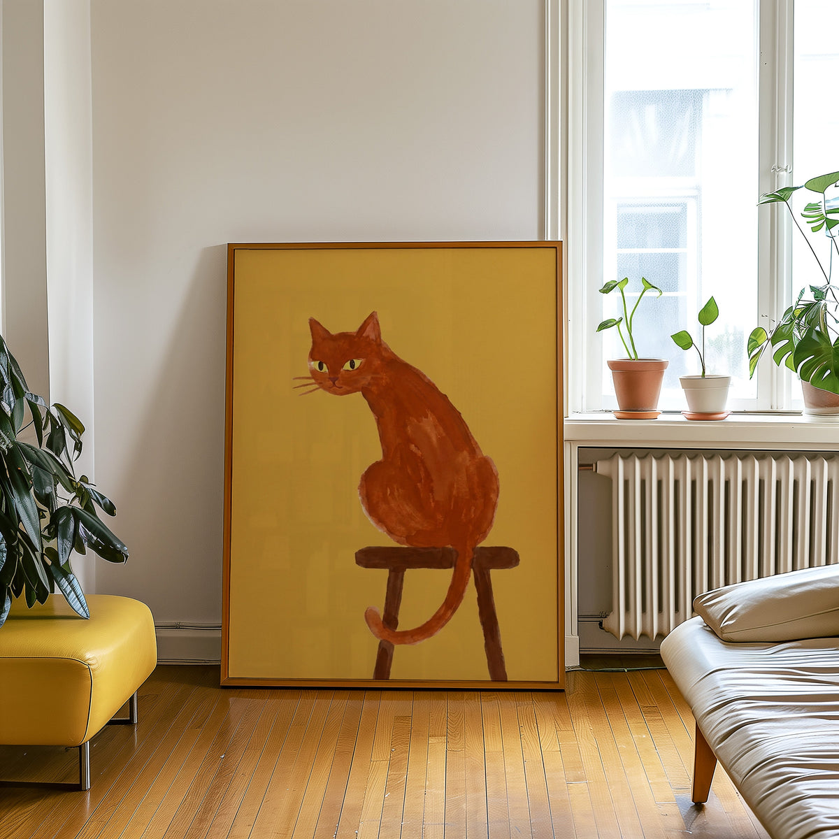 Watercolor cat portrait print in an oak frame leaning beside a yellow leather bench