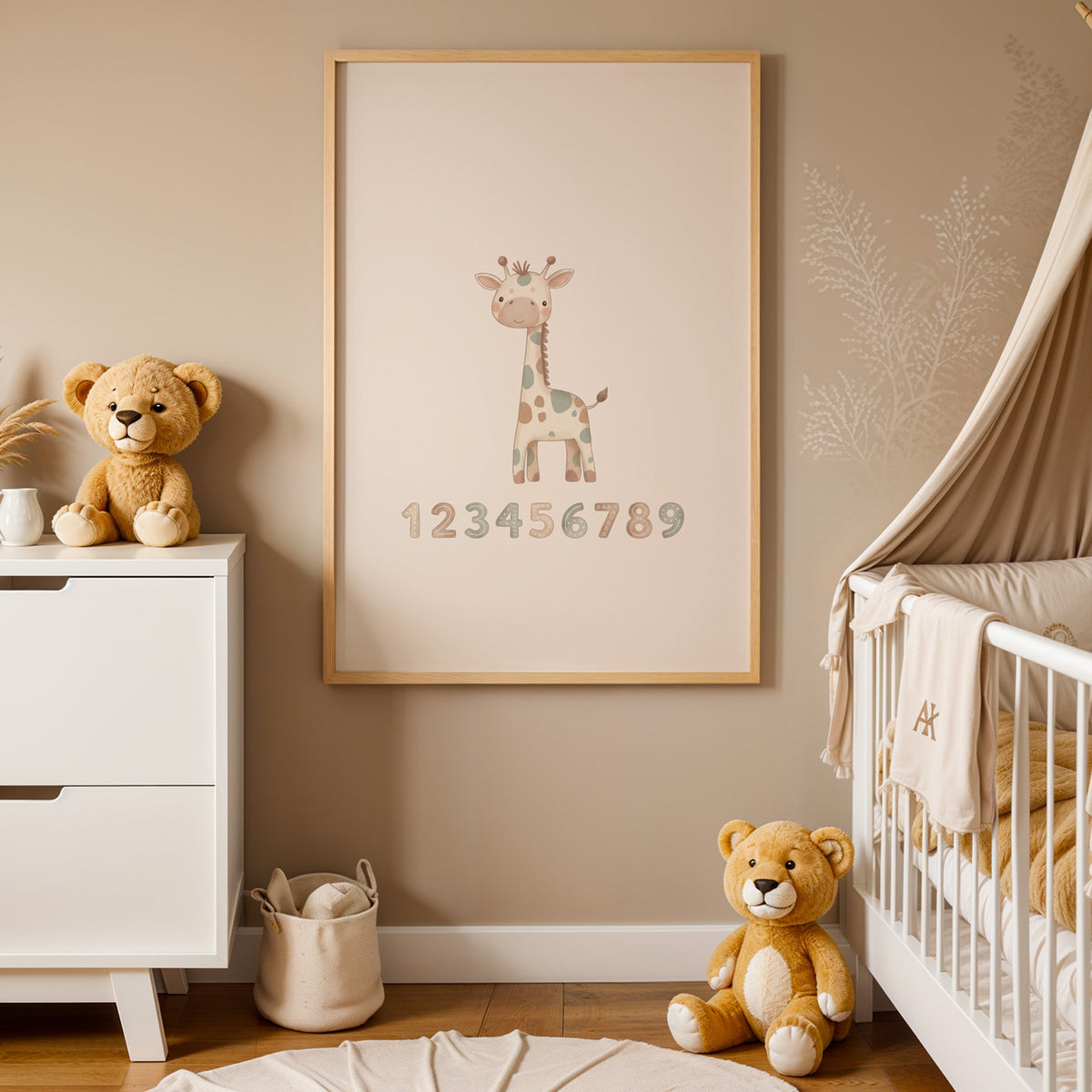 Giraffe above patterned 1 to 9 numbers nursery print in an oak frame between a white dresser and a canopy crib