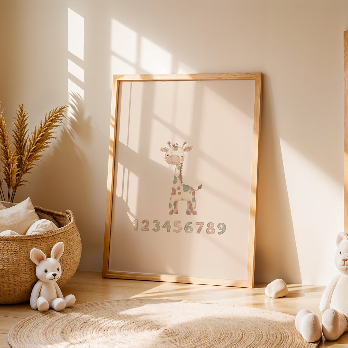 Giraffe above patterned 1 to 9 numbers nursery print in an oak frame leaning on a sunlit floor by a woven basket