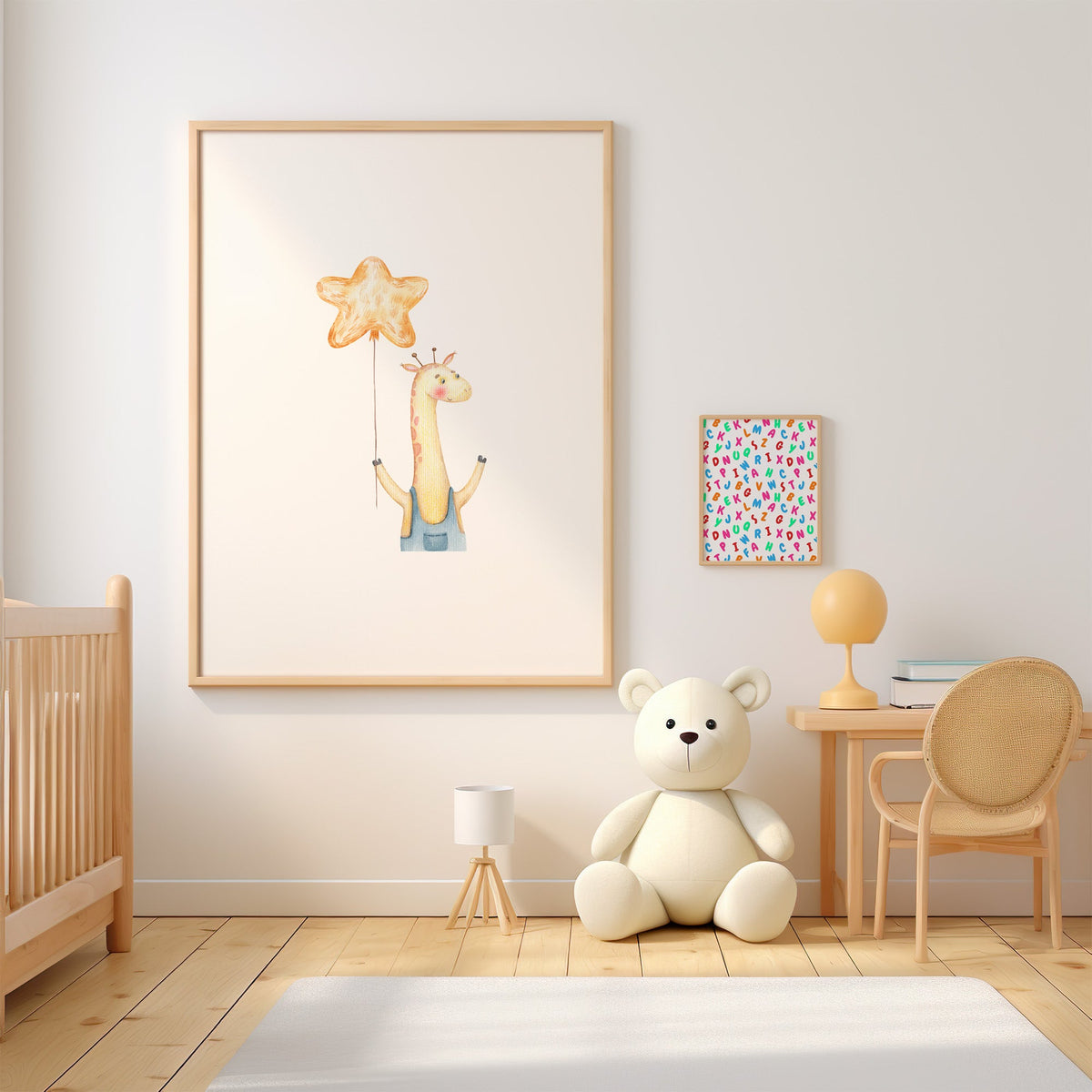 Giraffe in denim overalls with star balloon nursery print in an oak frame above a wooden crib beside a cream teddy bear