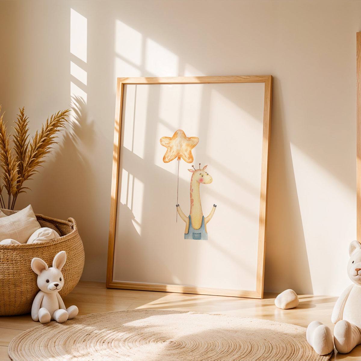 Giraffe in denim overalls with star balloon nursery print in an oak frame leaning on a sunlit floor by a woven basket