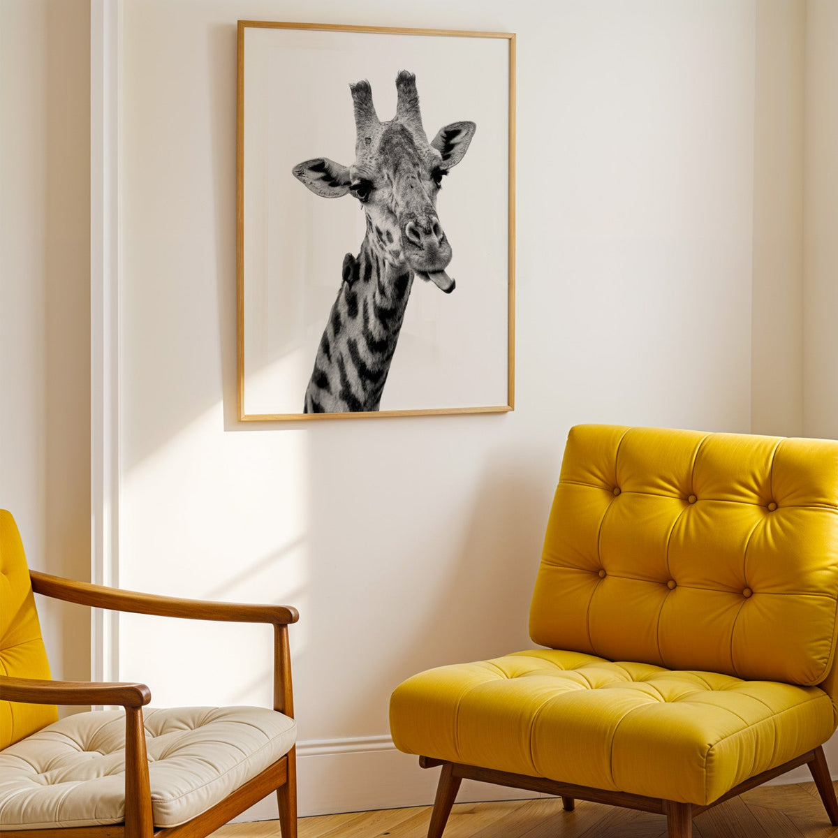 Giraffe sticking out tongue with small bird print shown in a gold frame above a mustard yellow tufted armchair