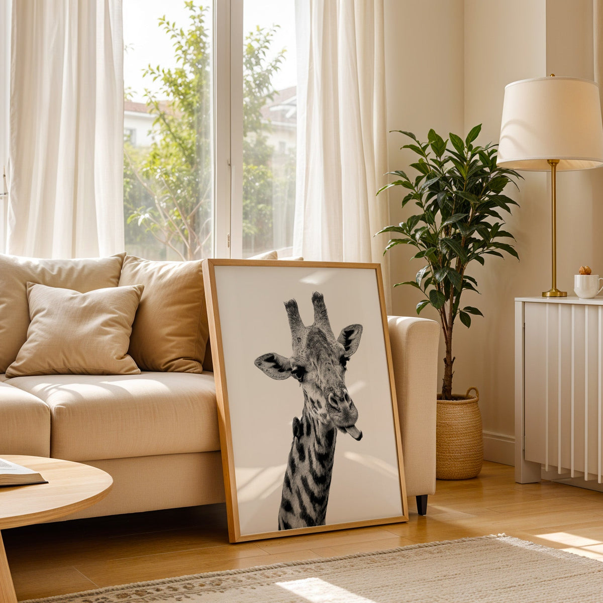 Giraffe sticking out tongue with small bird print in a light oak frame leaning on a cream sofa beside a floor lamp