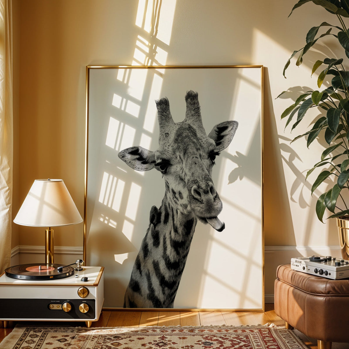 Giraffe sticking out tongue with small bird print shown in a gold frame beside a record player and table lamp