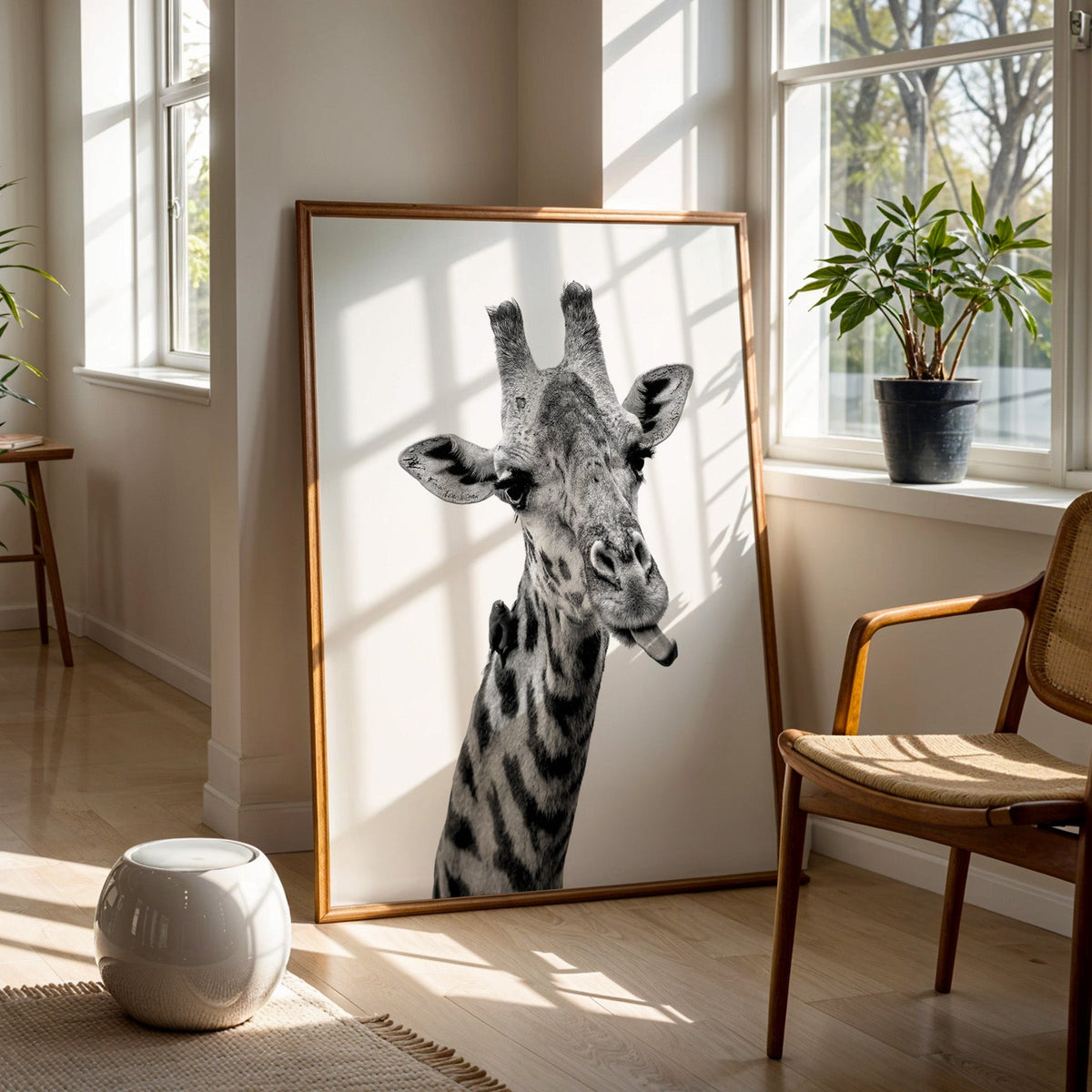Giraffe sticking out tongue with small bird print in a walnut frame on a wood floor beside a cane chair and sunny window