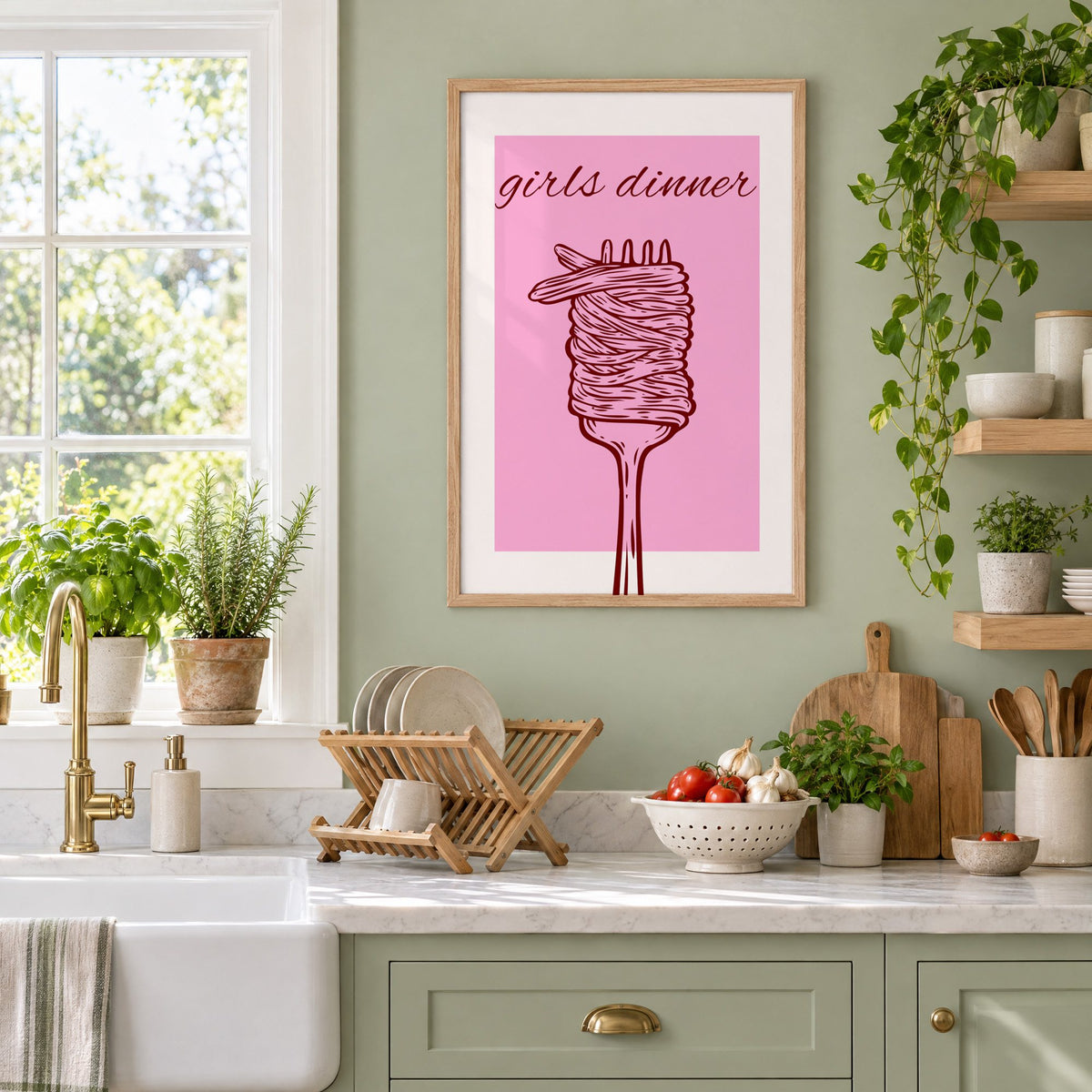 Girls dinner spaghetti fork pink print in an oak frame on a sage green kitchen wall beside a farmhouse sink and herbs